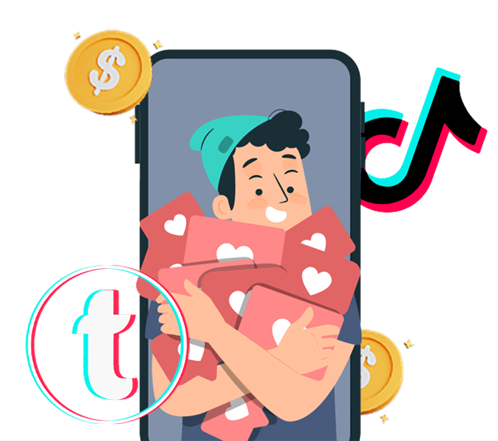 Illustration of a creator with TikTok likes, coins, and token branding